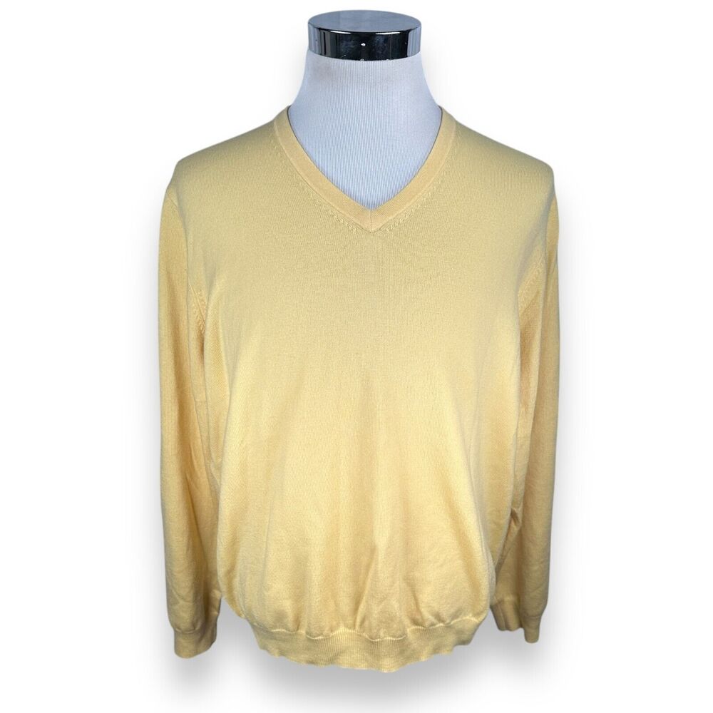 Brooks Brothers Sweater Men’s Large Yellow Merino Wool V-Neck Pullover Stretch‎